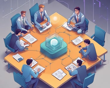 A conference room setting with several laptops on a large table, each being used by a person. A large screen displays a blue interface with the text 'Generate ad creatives from any website with AI'. A stainless steel water bottle and a conference phone are also visible on the table.
