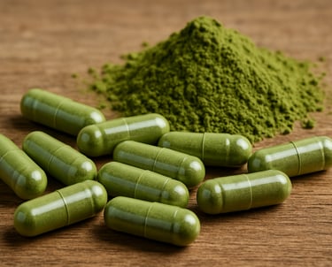 Organic green herbal supplement capsules and matcha powder on a wooden surface.