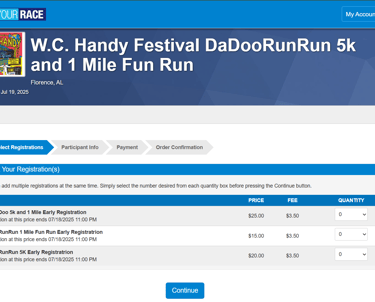 screenshot of a customr registration page setup by Race Ready Events