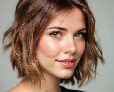 A hairstylist cutting a woman's hair in a stylish salon setting.