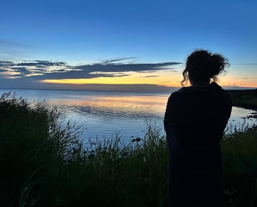 A picture portraying a silhouette of a person looking at the calming sea water at dusk.