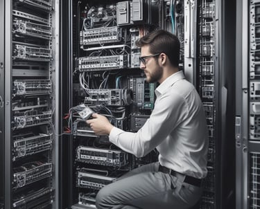 A digital illustration of a network diagram featuring interconnected servers, laptops, and nodes. The nodes are organized in a grid form and connected by glowing lines, centered around a power symbol. Various symbols are present on the servers.