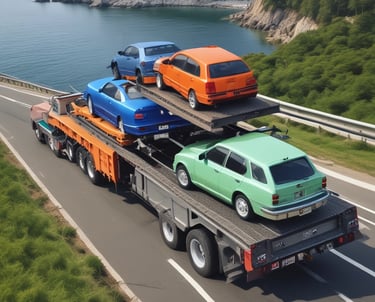 A person carries a large cardboard box filled with various smaller boxes and packaging materials on their shoulder, walking along a city street. The street is lined with buildings and a street sign is visible in the background.