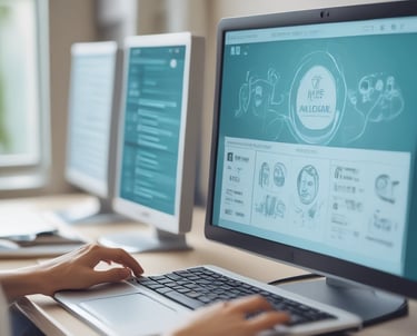 A conference room setting with several laptops on a large table, each being used by a person. A large screen displays a blue interface with the text 'Generate ad creatives from any website with AI'. A stainless steel water bottle and a conference phone are also visible on the table.