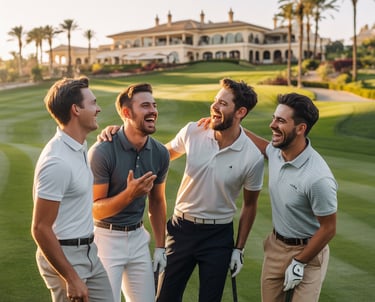 Four happy men laughing on a luxury golf course fairway at sunset with a clubhouse background.