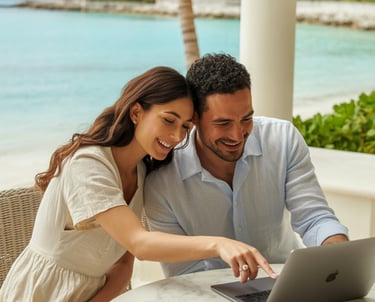 A happy couple plans their tropical vacation on a laptop at a luxury beach resort with ocean views.