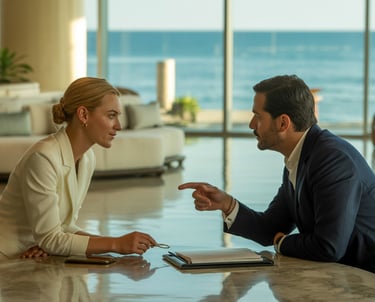 Professional man and woman in business attire discussing a contract at a luxury oceanfront resort lounge.