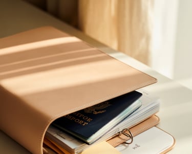 A tan leather travel document organizer holding a blue passport and notebooks on a desk in sunlight.