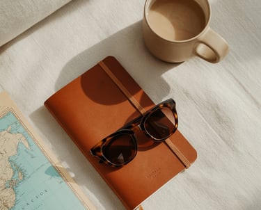 a book with a map and a cup of coffee