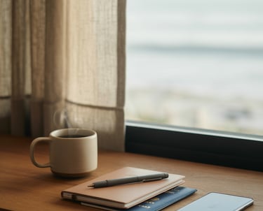 a cup of coffee and a notebook on a table