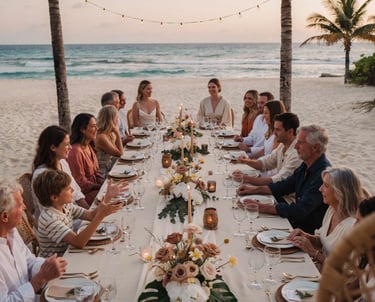 Elegant beach dinner party with family and friends at a long table on the sand during sunset.