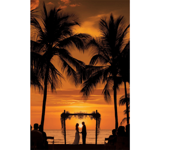 Silhouette of a bride and groom at a tropical beach wedding ceremony during a vibrant orange sunset.