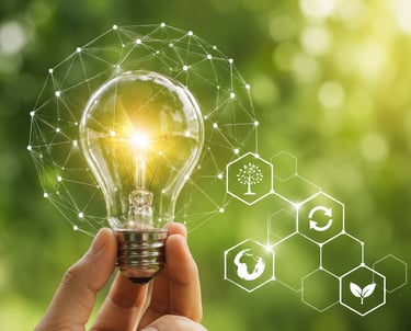 Professionnel de l’électricité tenant une ampoule LED allumée représentant les installations électri