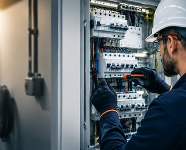 Électricien réalisant l’installation et le câblage d’un tableau électrique conformément aux normes d