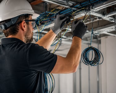 Installation de câblage électrique au plafond par un électricien qualifié pour un système d’éclairag