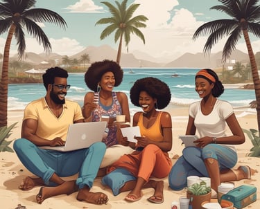 a group of people sitting on a beach