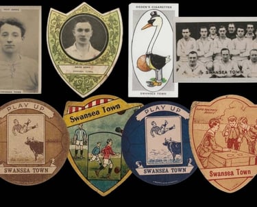 Collection of vintage Swansea Town football memorabilia including cigarette cards and team photos.