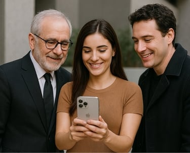 Uma foto de 3 pessoas do aquisição inteligente, vendo o site no celular da empresa