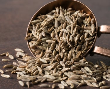 a scooper of seeds in a measuring spoon