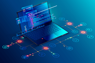 a laptop computer with a laptop on a blue background