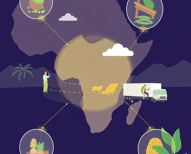 a graphical representation of africa with a globe with elements showing agricultural value chain