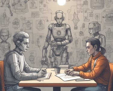 A futuristic and digital-themed image features a stylized circuit board with the words 'Open AI' in bold, glowing letters. Above it is a design that resembles an AI or robot face with neon accents. The background consists of a network of interconnected blue lines and nodes, suggesting themes of technology and connectivity.