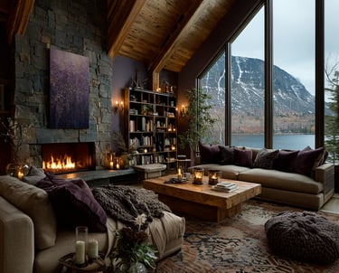 Cozy living room with a stone fireplace, purple accents, and a view of snowy mountains