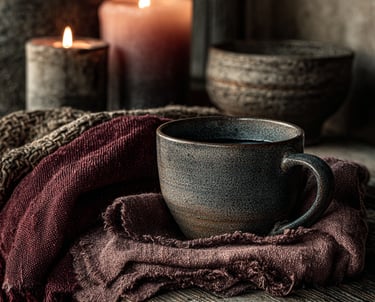 Cozy scene with a rustic ceramic mug on maroon and brown cloth, surrounded by lit candles