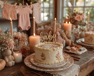 Elegant baby shower table with floral-decorated cake featuring a baby topper. Surrounded by pink