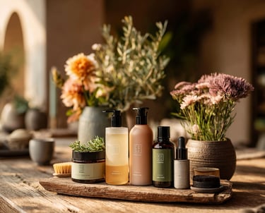 A rustic wooden table displays various elegant skincare products beside lush flowers in ceramic vase
