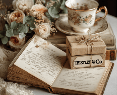 Vintage scene with an open book of handwritten letters, a floral teacup, a small gift box .
