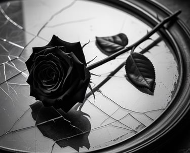 Black rose lying on a cracked vintage mirror in a dark, gothic style setting.