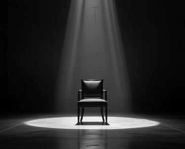 A single empty armchair illuminated by a dramatic overhead spotlight in a dark room.