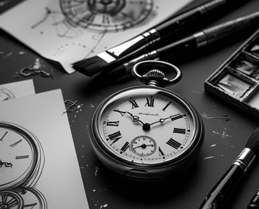 Vintage pocket watch on a workspace with artistic sketches and paintbrushes in black and white.