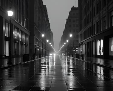 Black and white street photography of a rainy city road at night with glowing street lamps.