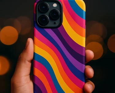 Hand holding a smartphone with a colorful BackBuzz mobile cover