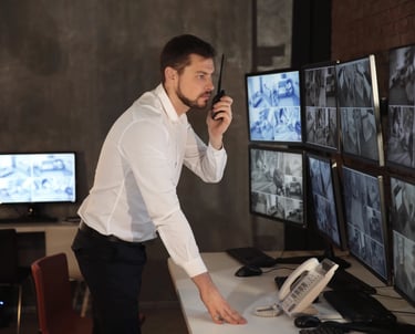 a man in a white shirt and black pants standing in front of a computer monitor
