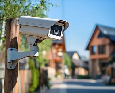 a camera mounted on a wooden pole next to a wooden pole