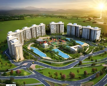 a large apartment complex with a swimming pool and a swimming pool