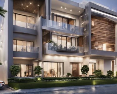 a modern house with a large balcony and a car parked in front of it