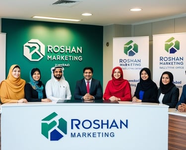 a group of people standing around a table with a roshan marketing sign