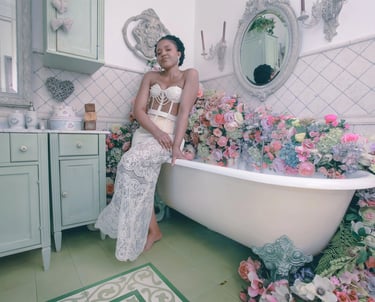 a woman in a white dress sitting in a bathtub
