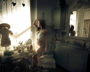 Henrick photo Boudoir A woman in white underwear standing in front of a bathroom window