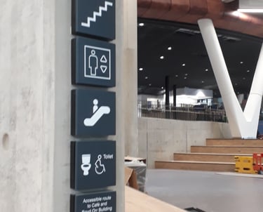 Installation of wall-mounted wayfinding signs including stairs, lift, escalator and accessible toile