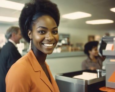 a woman in a orange jacket and a man in a suit