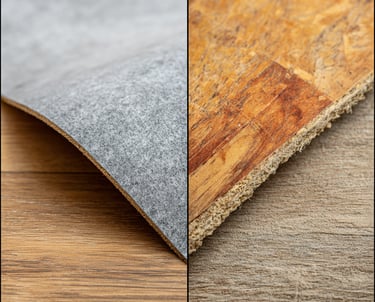 Close-up comparison showing vinyl flooring's layered synthetic backing on the left versus linoleum f