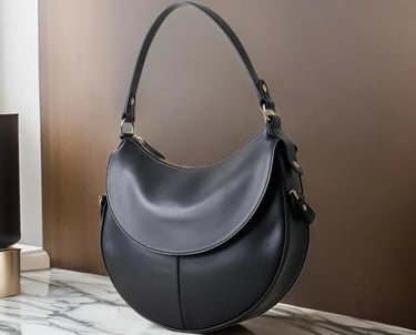A stylish, curved black leather handbag, crafted with precision and designed for modern living.
