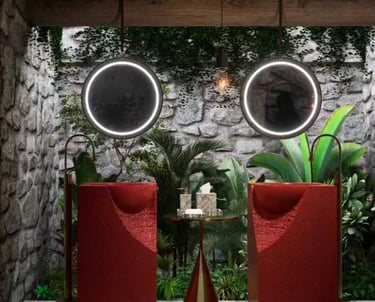 a bathroom with a red chair and a mirror