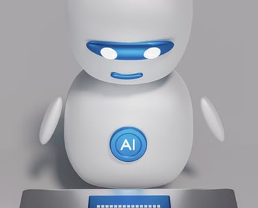 A small, white humanoid robot with blue accents, including eyes, mouth, and a circular badge with th