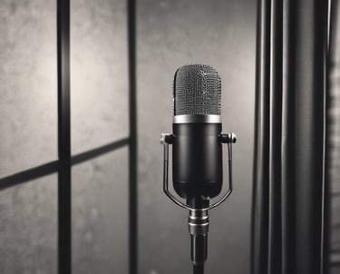 Stock image of a podcast microphone in black and white
